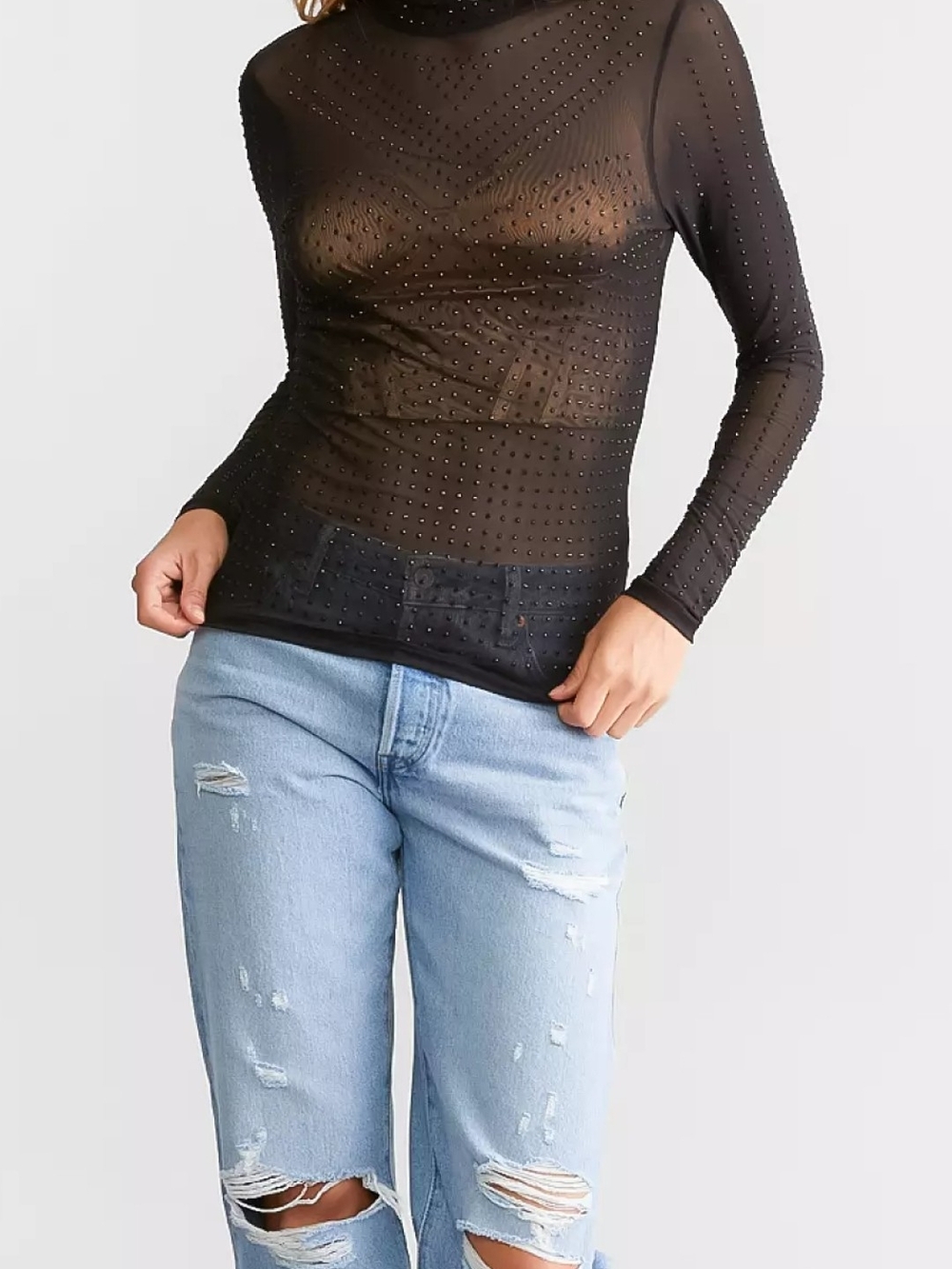 Red by BKE Black Rhinestone Sheer Mesh Mock Neck Long Sleeve Top XL Glam Club